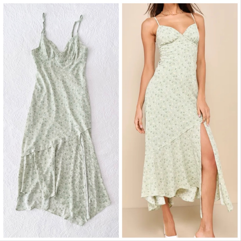 NWOT Lulus Sweet Effect Sage Green Floral Asymmetrical Tie-Back Midi Dress Large